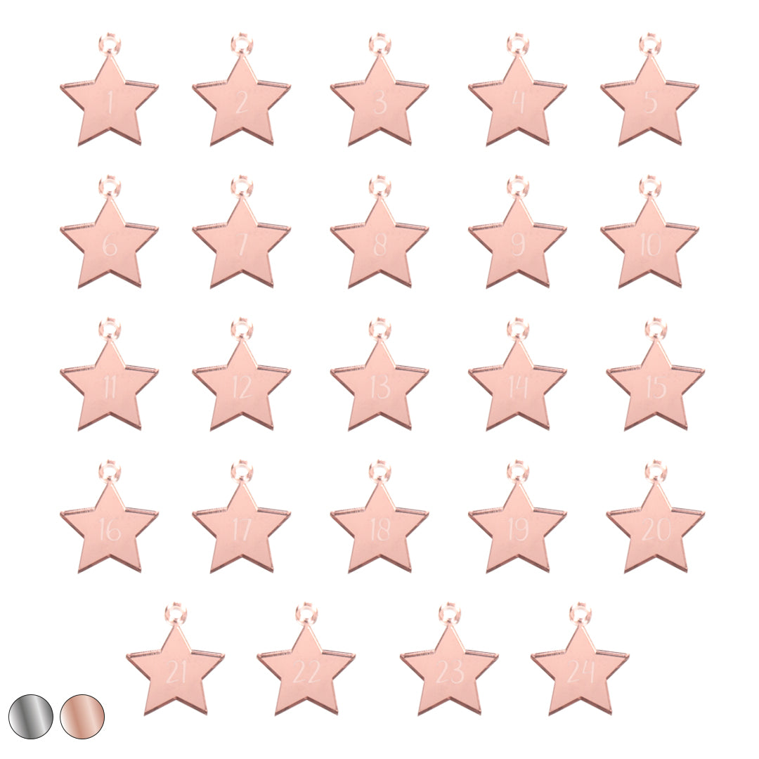 Adventskalender Zahlen Anhänger 1-24 zum Basteln Adventskalendersäckchen Nummern Sterne Silber/Roségold