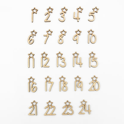 Adventskalender Zahlen Anhänger 1-24 zum Basteln Adventskalendersäckchen Nummern Sternchen Holz