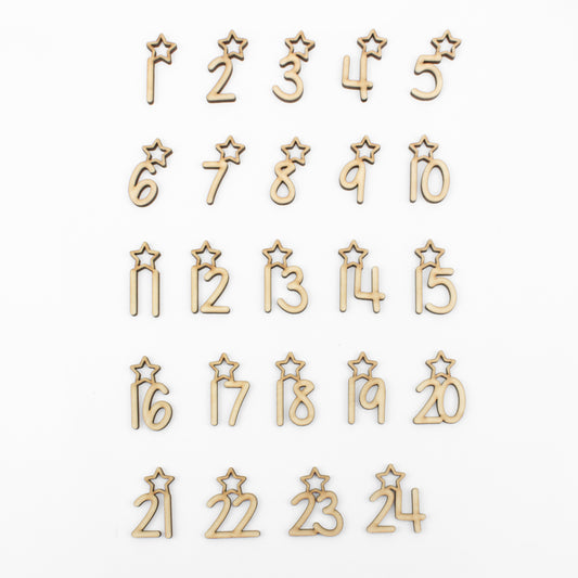 Adventskalender Zahlen Anhänger 1-24 zum Basteln Adventskalendersäckchen Nummern Sternchen Holz