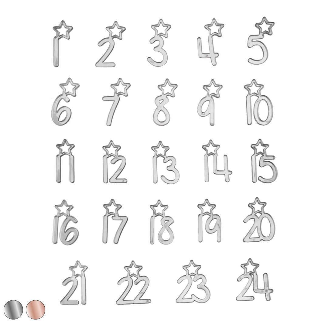 Adventskalender Zahlen Anhänger 1-24 zum Basteln Adventskalendersäckchen Nummern Sternchen Silber/Roségold