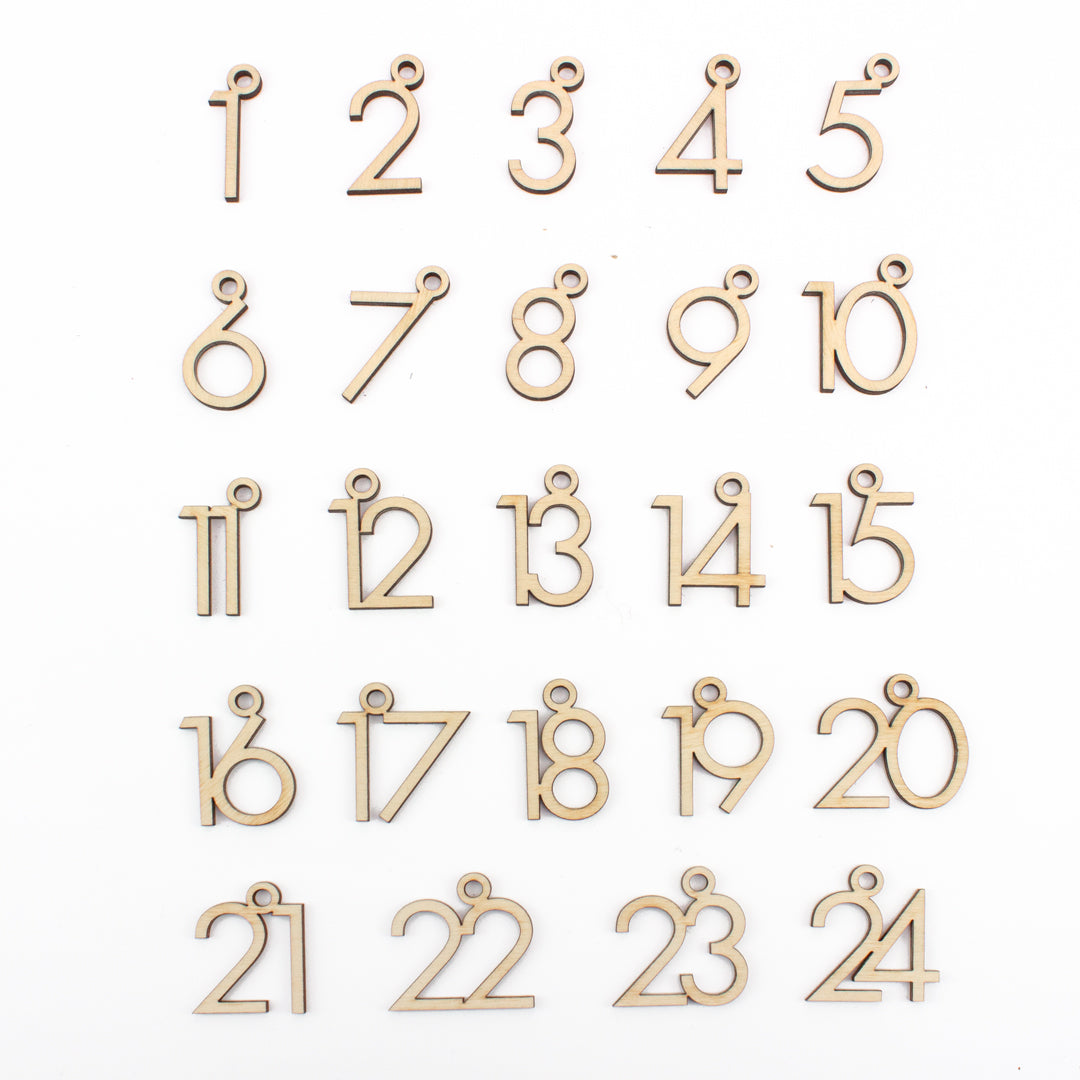 Adventskalender Zahlen Anhänger 1-24 zum Basteln Adventskalendersäckchen Nummern Modern Holz