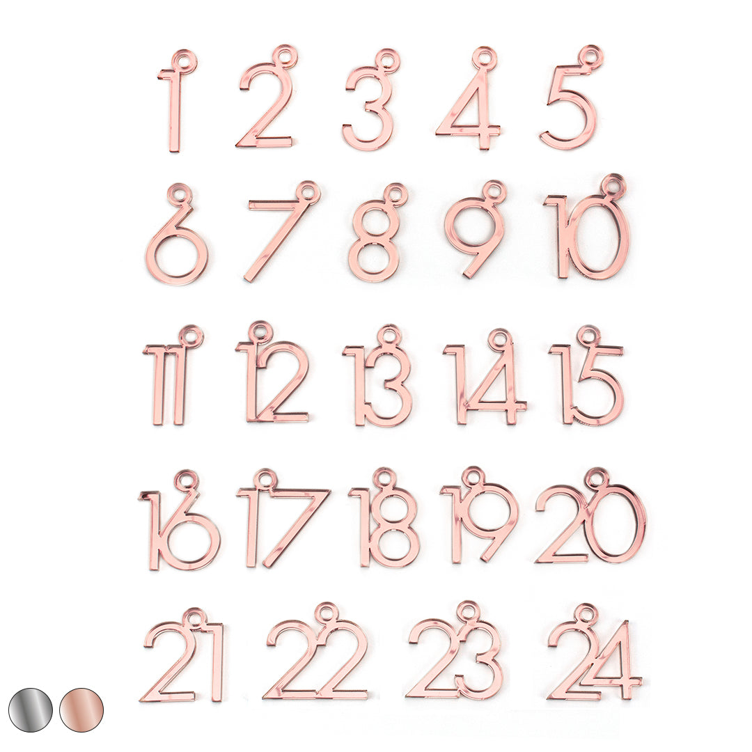 Adventskalender Zahlen Anhänger 1-24 zum Basteln Adventskalendersäckchen Nummern Modern Silber/Roségold