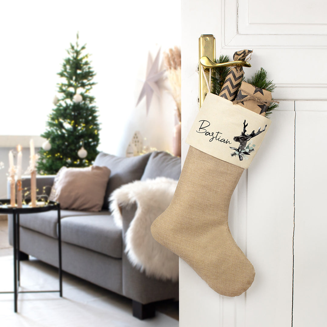 Nikolausstrumpf zum Befüllen Weihnachtssocke aus Jute  personalisiert mit Name - Black Christmas Reindeer