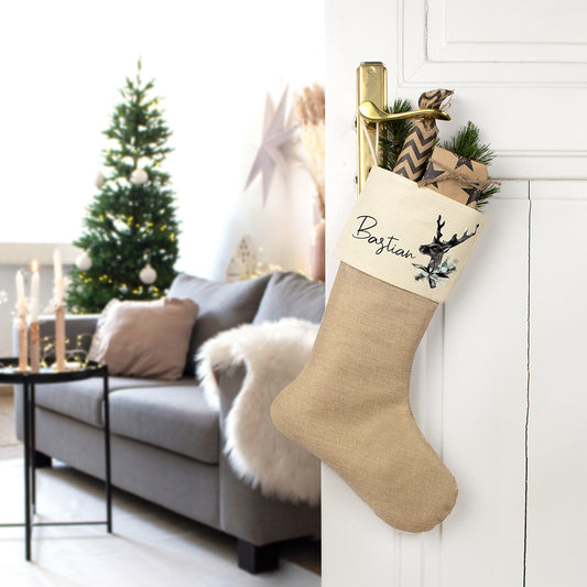 Nikolausstrumpf zum Befüllen Weihnachtssocke aus Jute  personalisiert mit Name - Black Christmas Reindeer