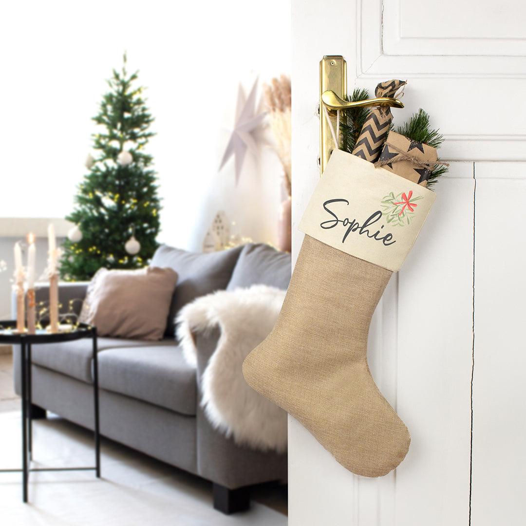Nikolausstrumpf zum Befüllen Weihnachtssocke aus Jute  personalisiert mit Name - Mistelzweig