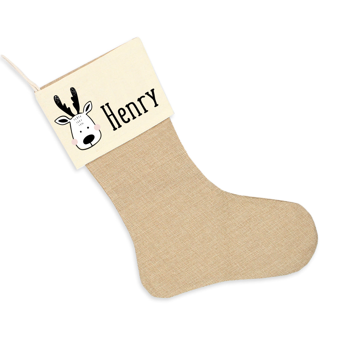 Nikolausstrumpf zum Befüllen Weihnachtssocke aus Jute  personalisiert mit Name - Scandi Reindeer