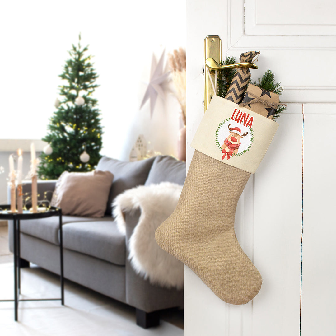 Nikolausstrumpf zum Befüllen Weihnachtssocke aus Jute  personalisiert mit Name - Weihnachtszeit - Rentier
