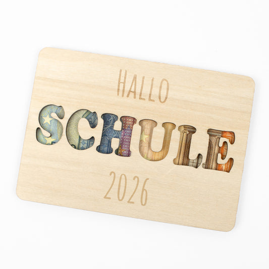 Geschenkkarte Holz Geldgeschenk Schulstart - Hallo Schule