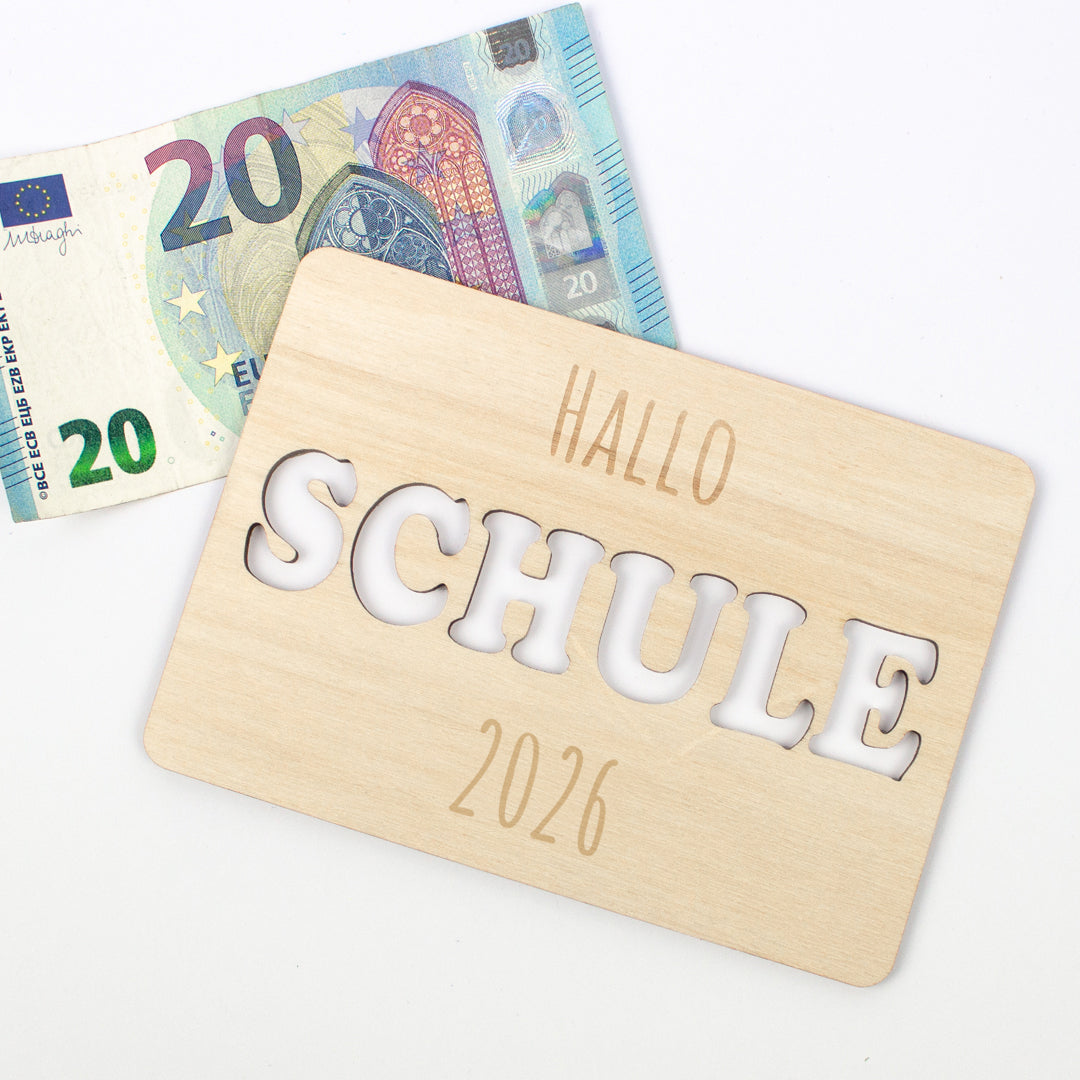 Geschenkkarte Holz Geldgeschenk Schulstart - Hallo Schule