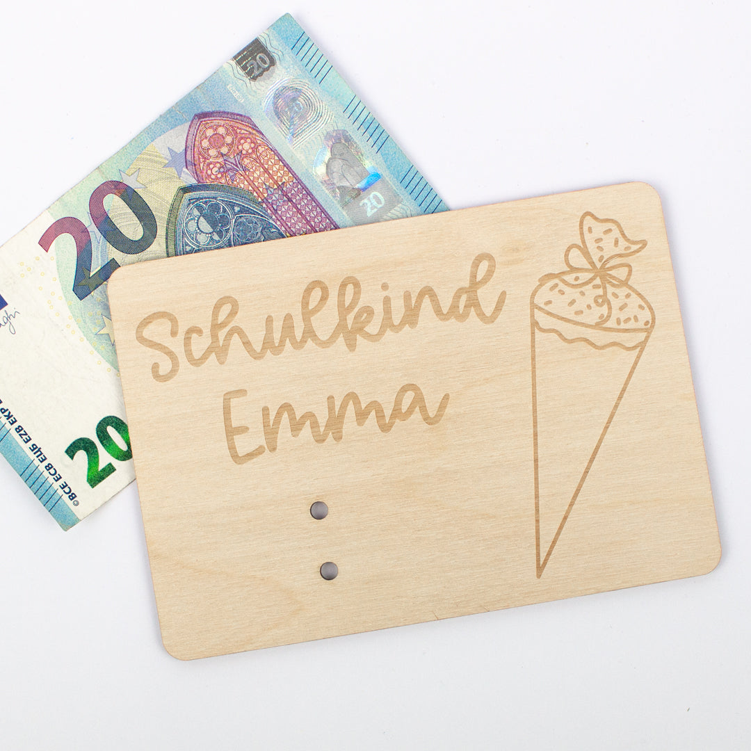 Geschenkkarte Holz Geldgeschenk Schulstart - Hurra Schulkind