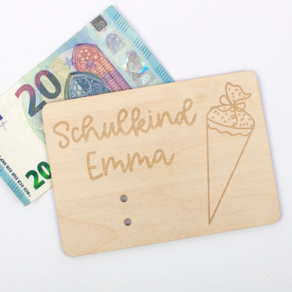 Geschenkkarte Holz Geldgeschenk Schulstart - Hurra Schulkind