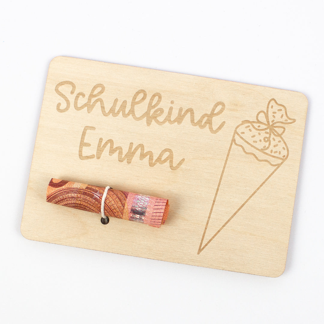 Geschenkkarte Holz Geldgeschenk Schulstart - Schulkind Wunschname