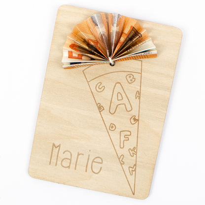 Geschenkkarte Holz Geldgeschenk Schulstart - Schultüte Wunschname