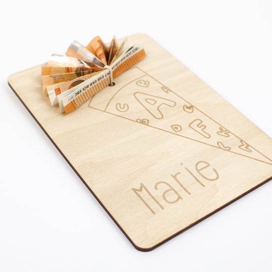 Geschenkkarte Holz Geldgeschenk Schulstart - Schultüte Wunschname