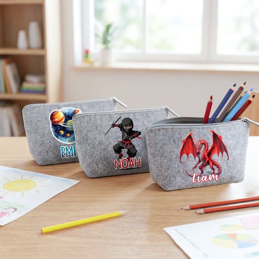 Personalisiertes Mäppchen aus Filz für Kinder individuelles Schlampermäppchen mit Name und Wunschmotiv Jungs