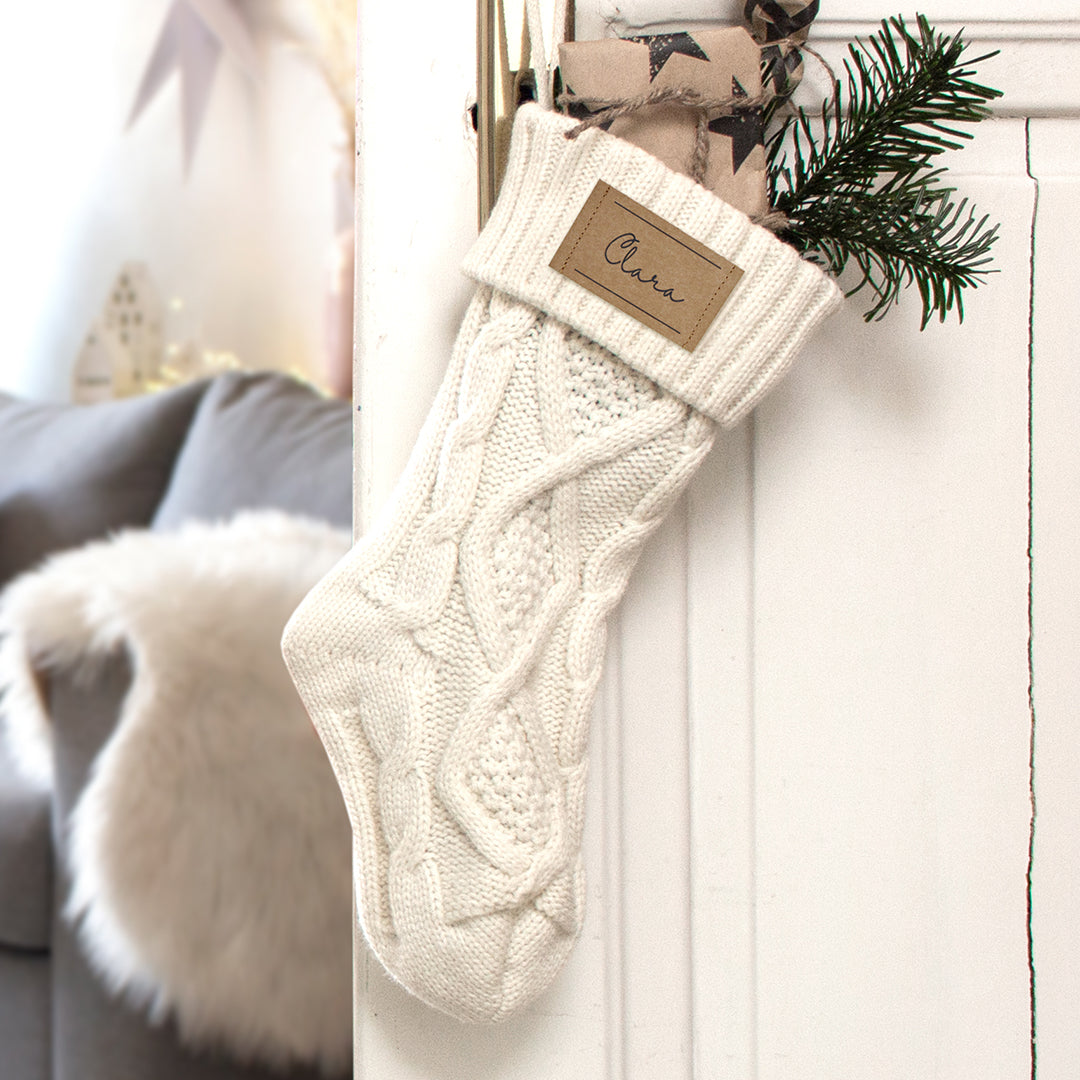 Nikolausstrumpf zum Befüllen Weihnachtssocke aus Strick personalisiert mit Name Etikett