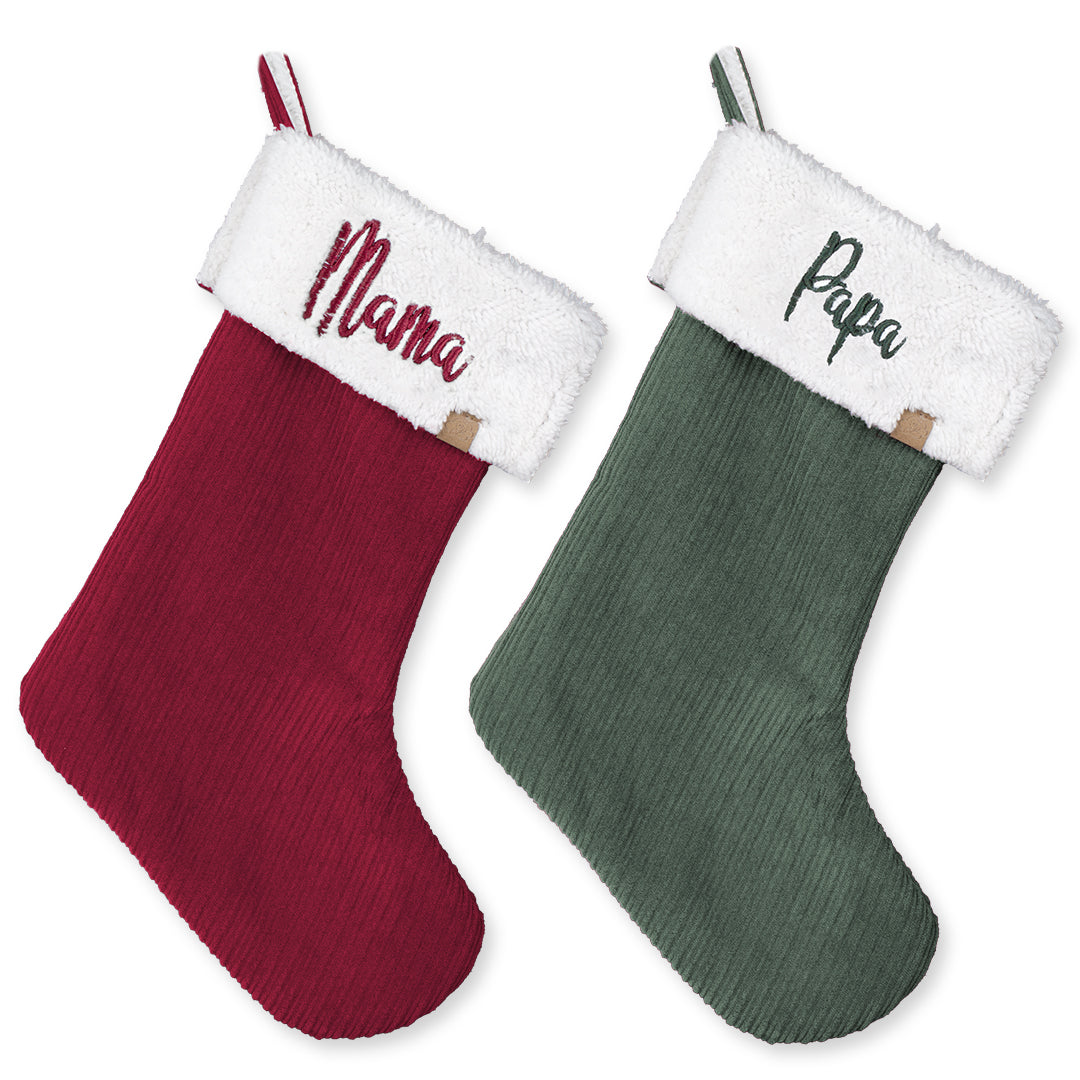 SET 2x Nikolausstrumpf zum Befüllen Weihnachtssocken zum Aufhängen 2er Set personalisiert bestickt - Mama rot & Papa grün