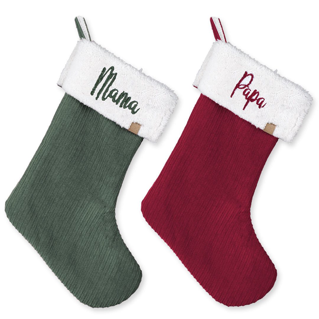SET 2x Nikolausstrumpf zum Befüllen Weihnachtssocken zum Aufhängen 2er Set personalisiert bestickt - Mama grün & Papa rot