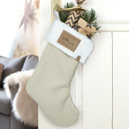 Nikolausstrumpf zum Befüllen Weihnachtssocke personalisiert mit Name Etikett - beige