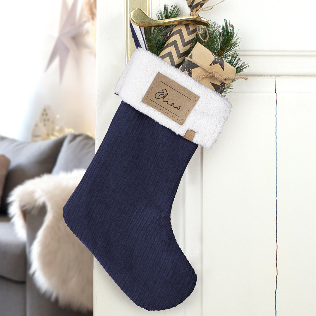 Nikolausstrumpf zum Befüllen Weihnachtssocke personalisiert mit Name Etikett - dunkelblau