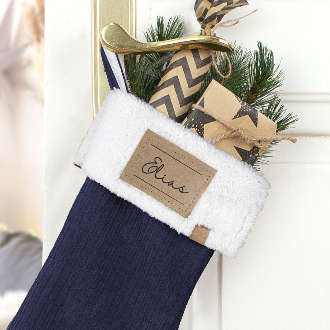 Nikolausstrumpf zum Befüllen Weihnachtssocke personalisiert mit Name Etikett - dunkelblau