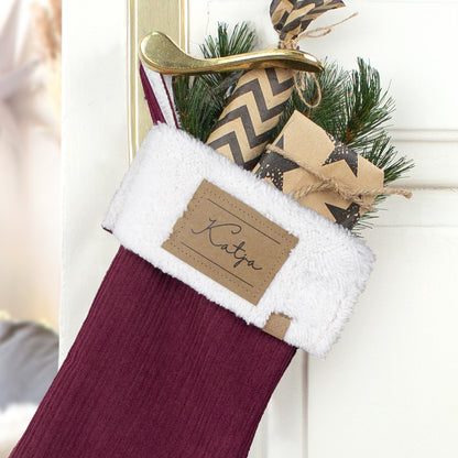 Nikolausstrumpf zum Befüllen Weihnachtssocke personalisiert mit Name Etikett - bordeaux