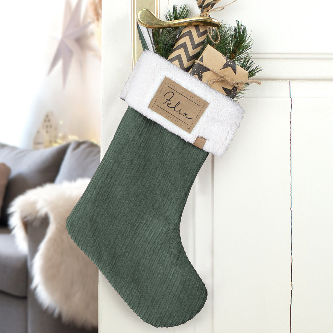 Nikolausstrumpf zum Befüllen Weihnachtssocke personalisiert mit Name Etikett - grün
