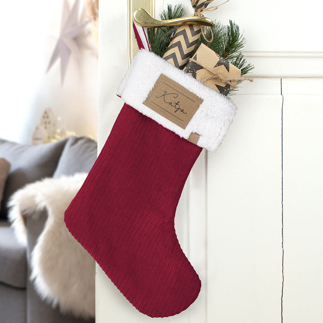 Nikolausstrumpf zum Befüllen Weihnachtssocke personalisiert mit Name Etikett - rot