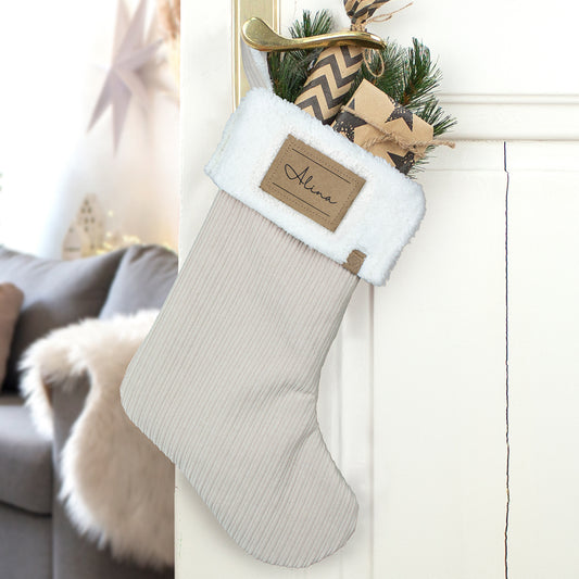 Nikolausstrumpf zum Befüllen Weihnachtssocke personalisiert mit Name Etikett - sand
