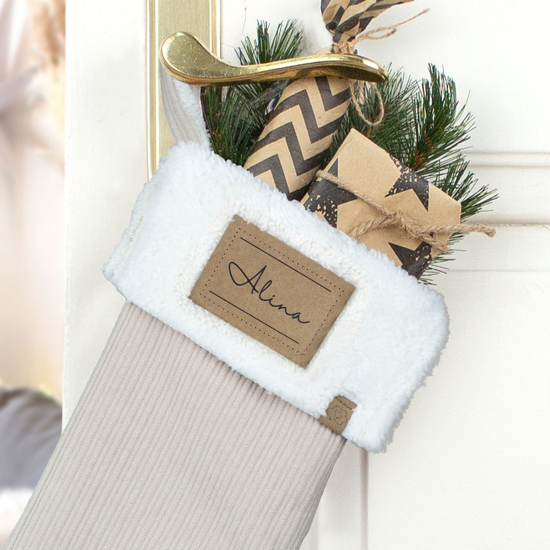 Nikolausstrumpf zum Befüllen Weihnachtssocke personalisiert mit Name Etikett - sand