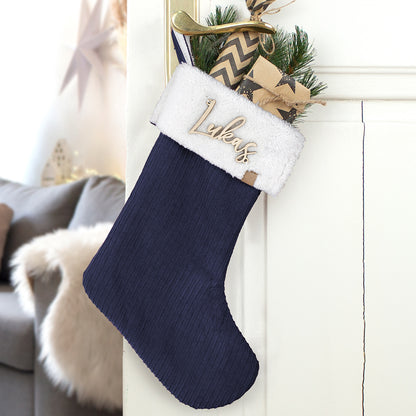 Nikolausstrumpf zum Befüllen Weihnachtssocke personalisiert mit Name aus Holz - dunkelblau