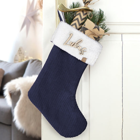 Nikolausstrumpf zum Befüllen Weihnachtssocke personalisiert mit Name aus Holz - dunkelblau