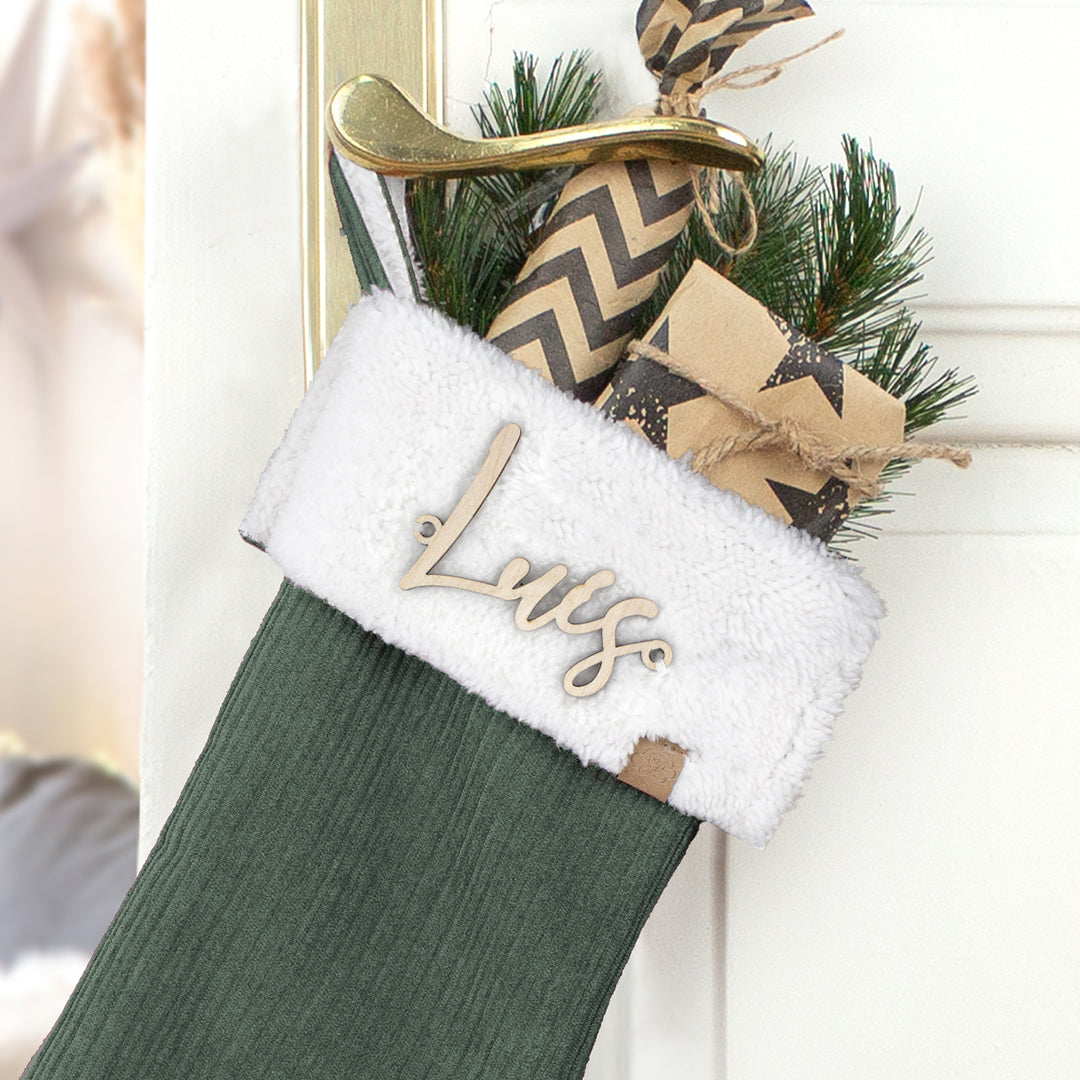 Nikolausstrumpf zum Befüllen Weihnachtssocke personalisiert mit Name aus Holz - grün