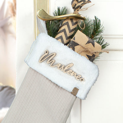 Nikolausstrumpf zum Befüllen Weihnachtssocke personalisiert mit Name aus Holz - sand