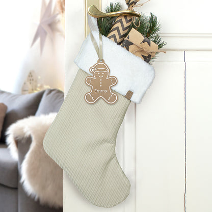 Nikolausstrumpf Weihnachtssocke zum Befüllen personalisiert mit Name Anhänger Lebkuchenmann - beige
