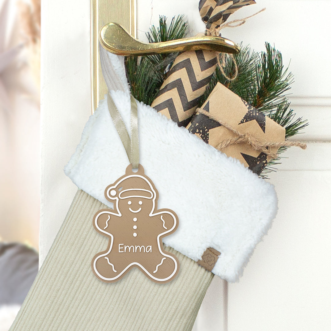 Nikolausstrumpf Weihnachtssocke zum Befüllen personalisiert mit Name Anhänger Lebkuchenmann - beige