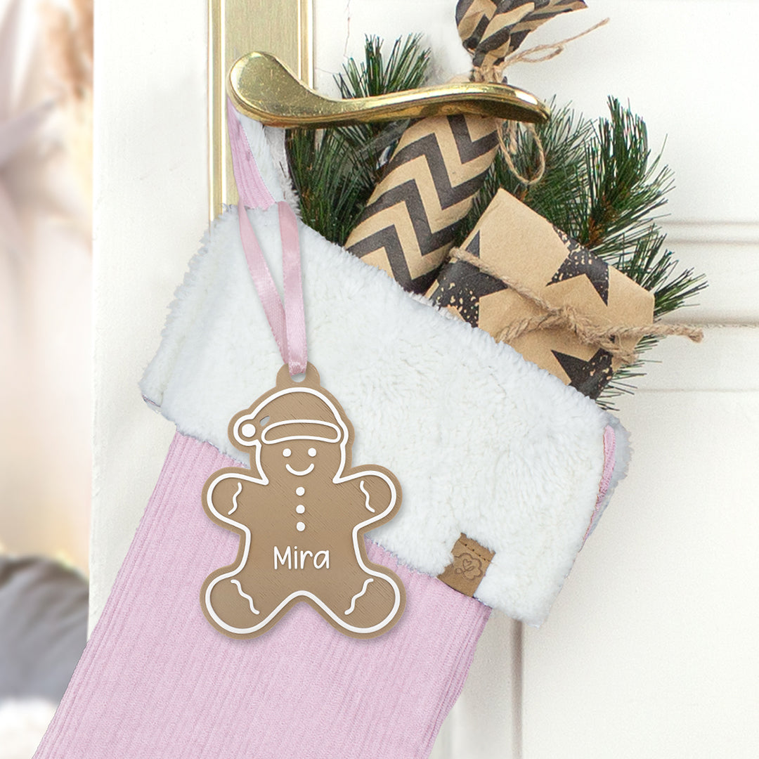 Nikolausstrumpf Weihnachtssocke zum Befüllen personalisiert mit Name Anhänger Lebkuchenmann - rosa