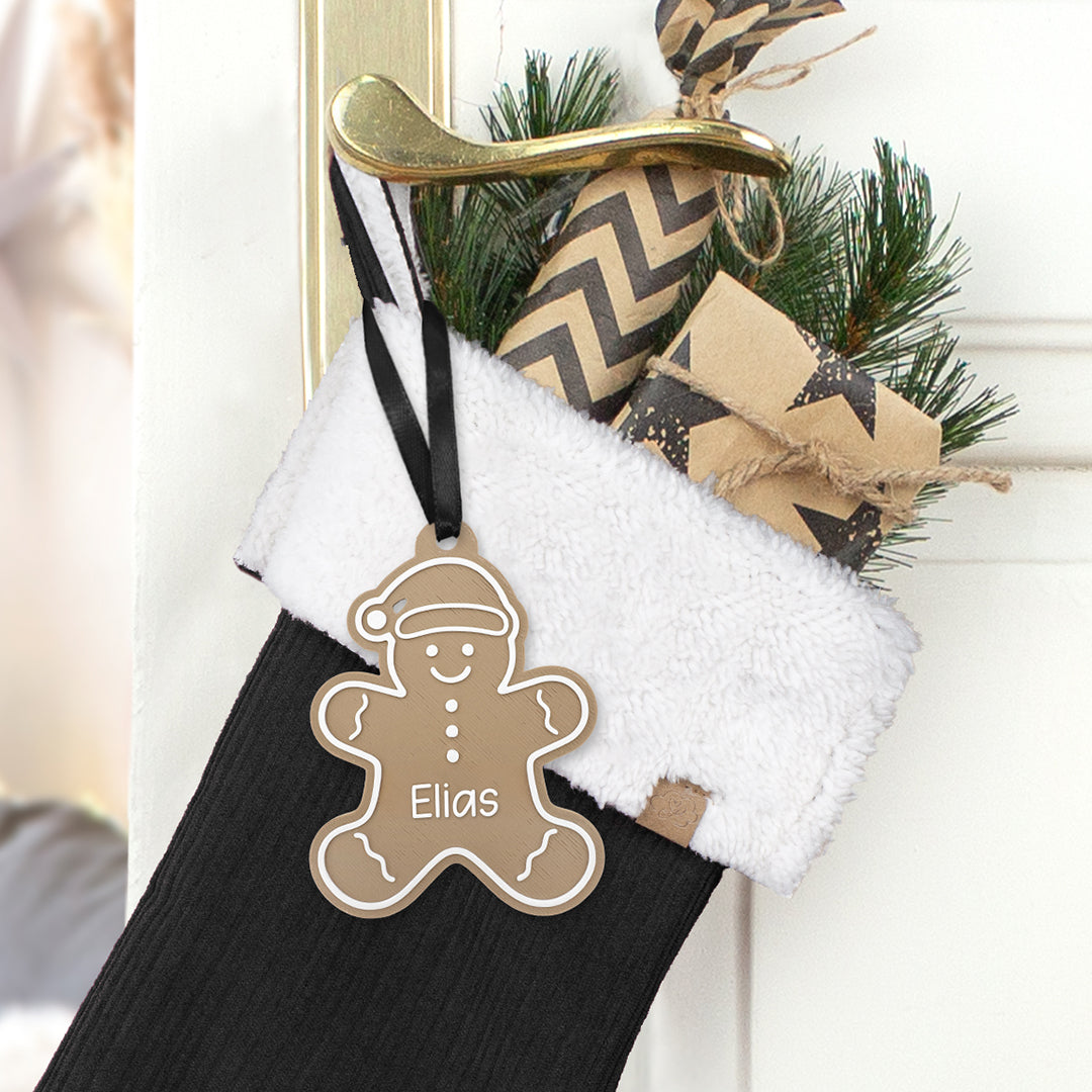 Nikolausstrumpf Weihnachtssocke zum Befüllen personalisiert mit Name Anhänger Lebkuchenmann - schwarz