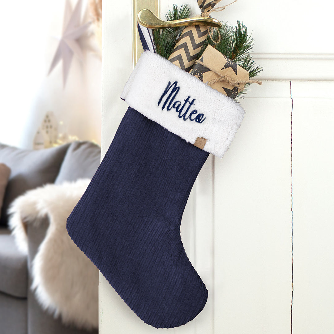 Nikolausstrumpf zum Befüllen Weihnachtssocke personalisiert mit Name bestickt - dunkelblau