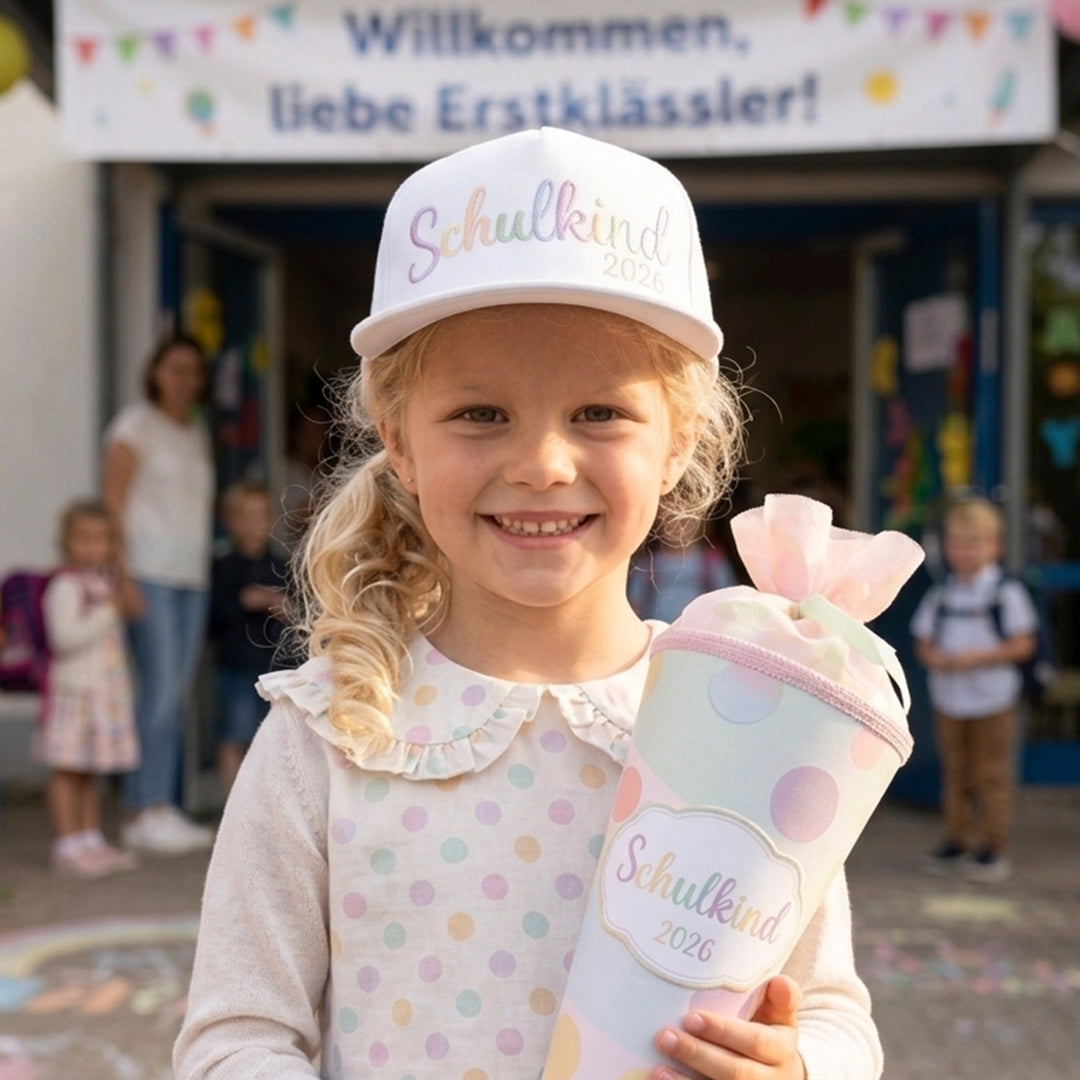 Snapback Cap bestickt Pastell Basecap Kappe „Schulkind 2026“