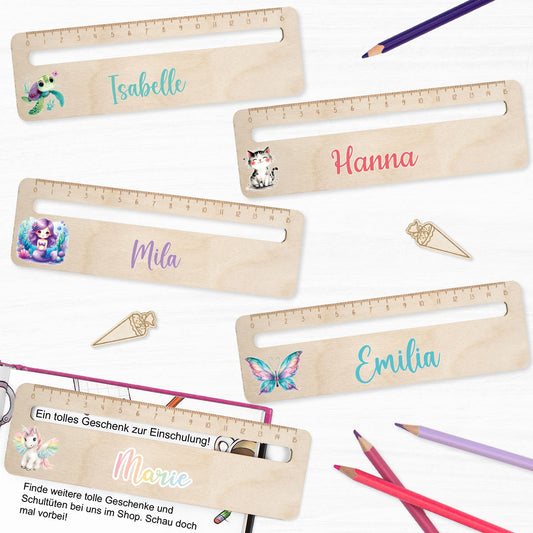 Lesehilfe und Lineal aus Holz personalisiert mit Name Geschenk zur Einschulung - Mädchen