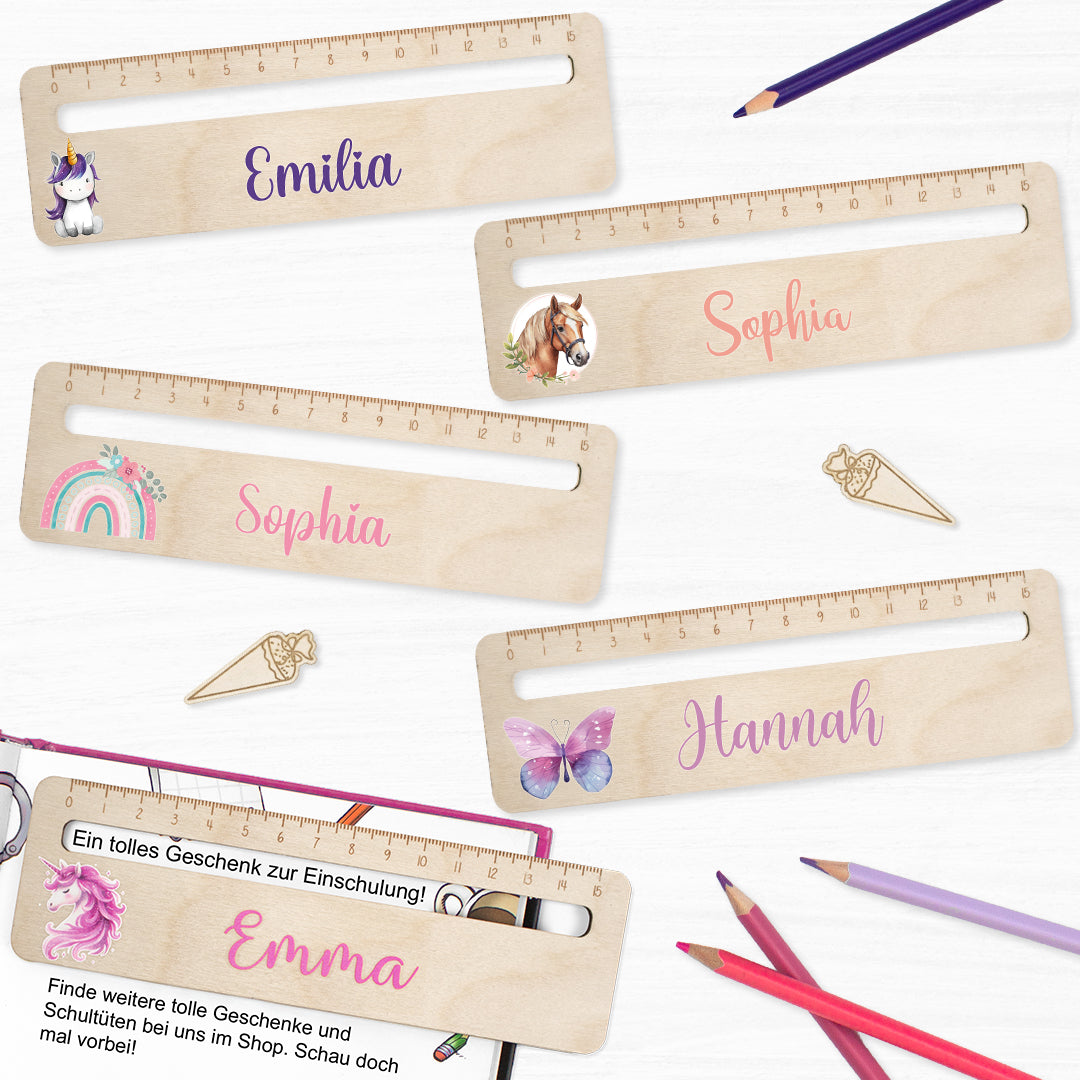 Lesehilfe und Lineal aus Holz personalisiert mit Name Geschenk zur Einschulung - Mädchen