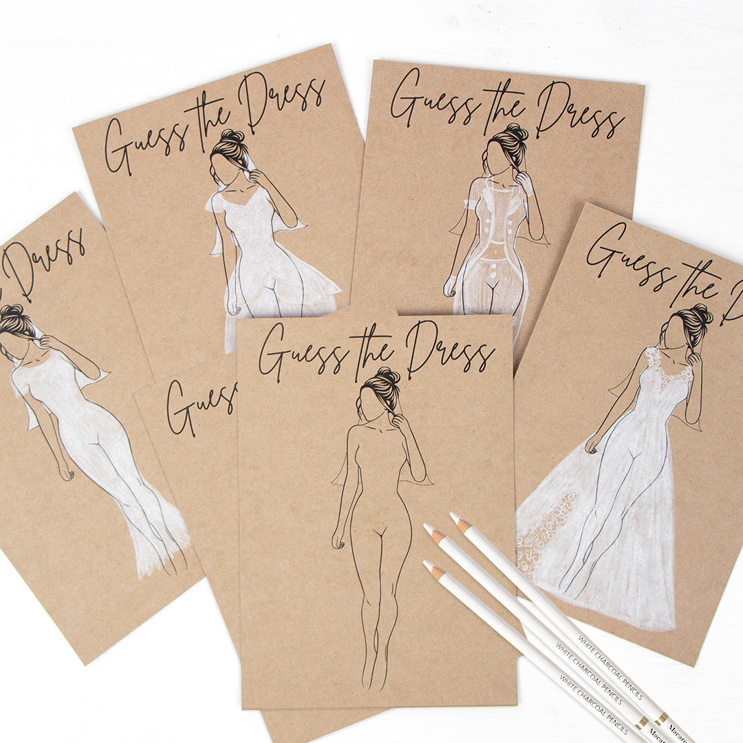"Guess The Dress" Postkarten 6er Set A5 Hochzeit JGA Jungessellenabschied Spiel Brautkleid malen