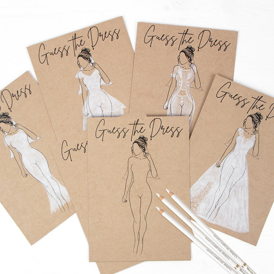 "Guess The Dress" Postkarten 6er Set A5 Hochzeit JGA Jungessellenabschied Spiel Brautkleid malen