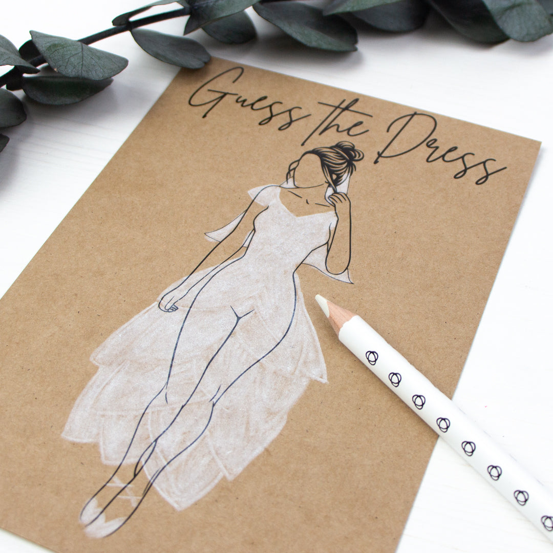 "Guess The Dress" Postkarten 6er Set A5 Hochzeit JGA Jungessellenabschied Spiel Brautkleid malen
