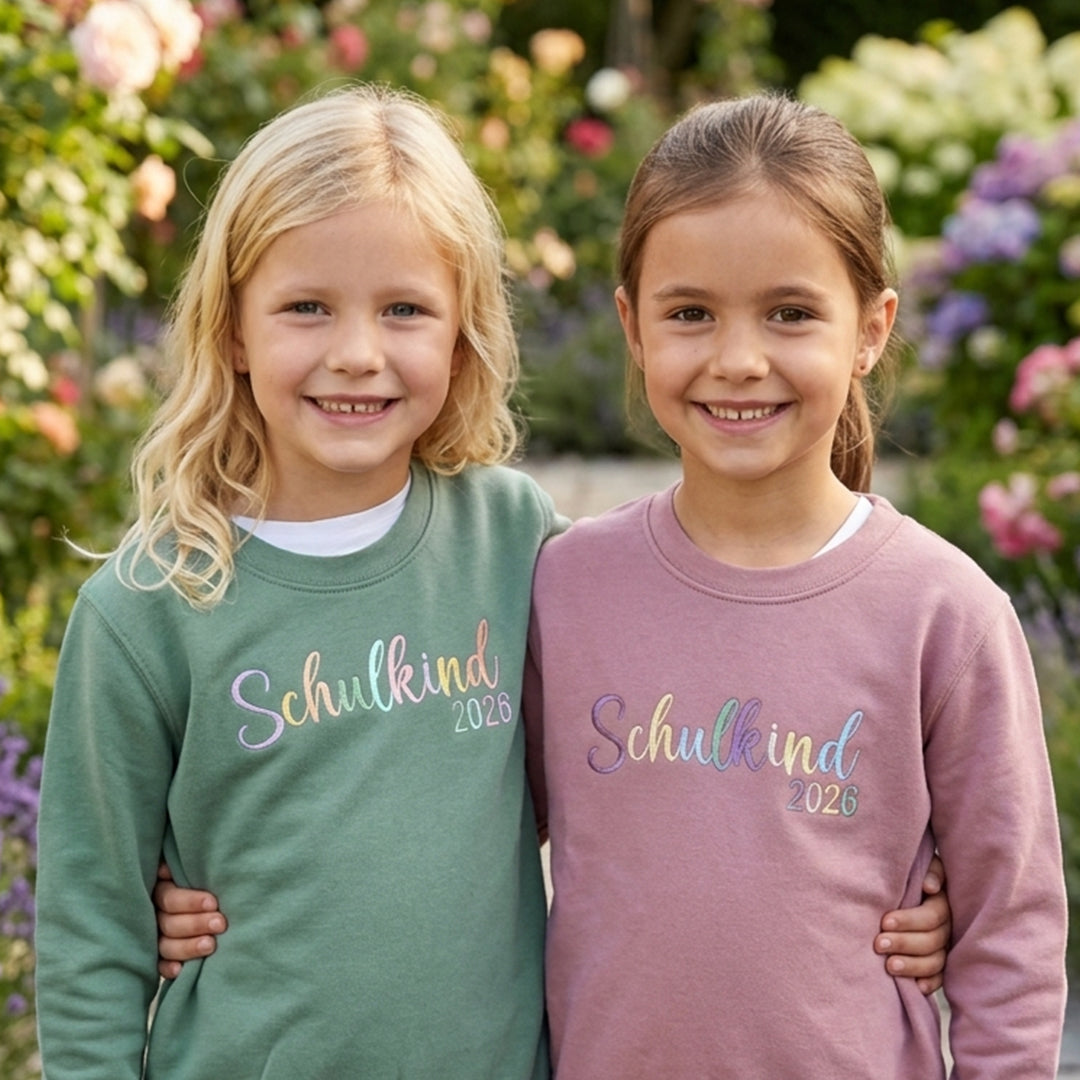 Sweatshirt Pullover bestickt „Schulkind 2026“ Geschenk zur Einschulung Mädchen