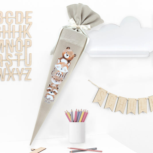 Schultüte aus Musselin & Tüll individualisierbar mit Wunschname 70 cm - Boho Waldtiere