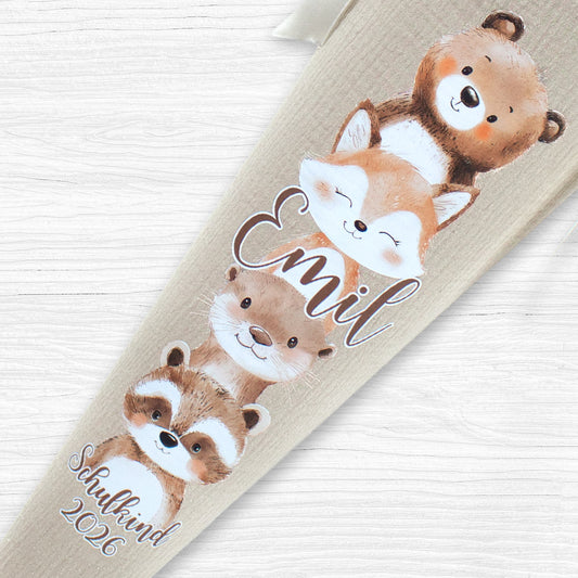 Schultüte aus Musselin & Tüll individualisierbar mit Wunschname 70 cm - Boho Waldtiere