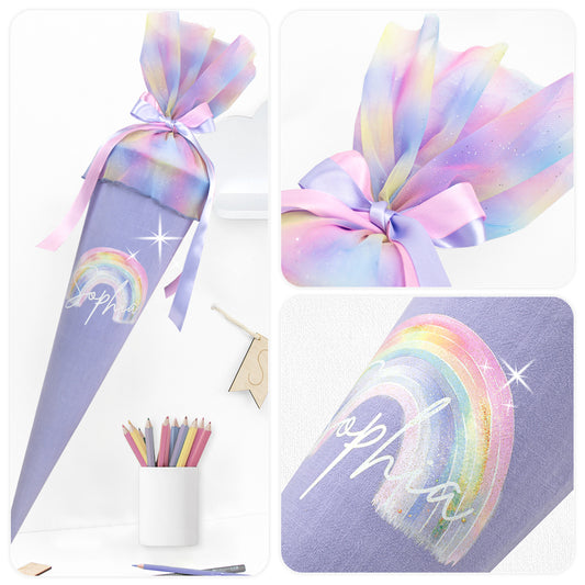 Schultüte aus Leinen & Glitzer Tüll individualisierbar mit Wunschname 70 cm - flieder - Regenbogen