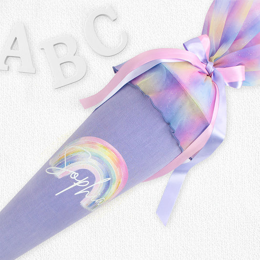 Schultüte aus Leinen & Glitzer Tüll individualisierbar mit Wunschname 70 cm - flieder - Regenbogen